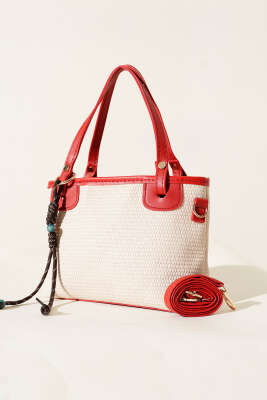 Bağcık Süs Detaylı Hasır Çanta Kırmızı - Thumbnail