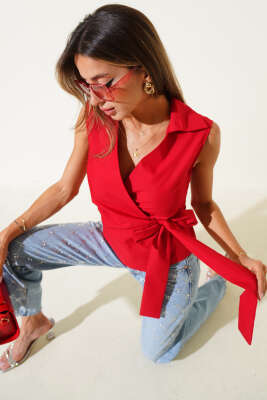 Gömlek Yaka Yan Bağlamalı Bluz Kırmızı - Thumbnail