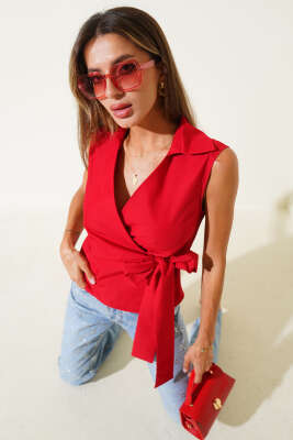 Gömlek Yaka Yan Bağlamalı Bluz Kırmızı - Thumbnail