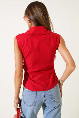 Gömlek Yaka Yan Bağlamalı Bluz Kırmızı - Thumbnail