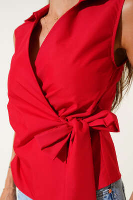 Gömlek Yaka Yan Bağlamalı Bluz Kırmızı - Thumbnail