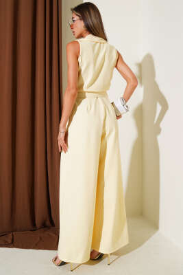 Gold Düğmeli Kemerli Tulum Sarı - Thumbnail