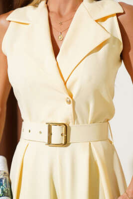 Gold Düğmeli Kemerli Tulum Sarı - Thumbnail