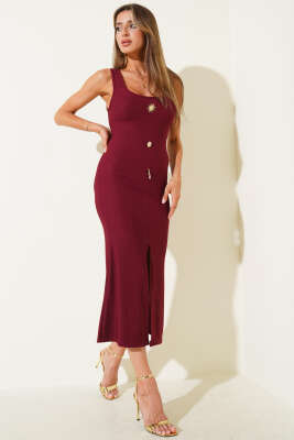 Pazarium - Kaşkorse Gold Düğme Detaylı Elbise Bordo