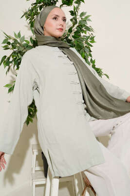 Pazarium - Önü Düğme Detaylı Keten Tunik Çağla Yeşili