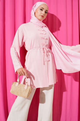 Pazarium - Önü Düğme Detaylı Keten Tunik Pembe