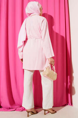 Önü Düğme Detaylı Keten Tunik Pembe - Thumbnail