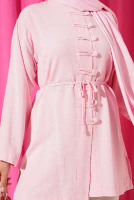 Önü Düğme Detaylı Keten Tunik Pembe - Thumbnail