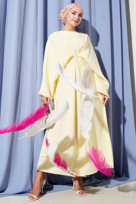 Pazarium - İp Bağcık Detaylı Salaş Elbise Sarı