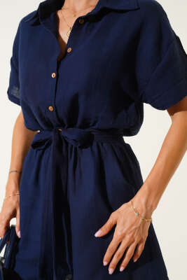 Tahta Düğmeli Kuşaklı Mini Tulum Lacivert - Thumbnail