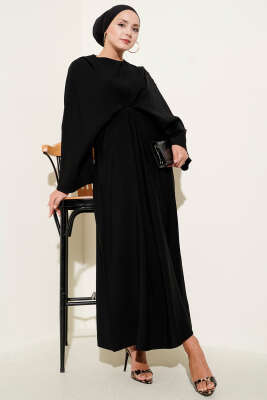 Pazarium - İp Bağcık Detaylı Salaş Elbise Siyah