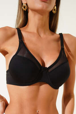 Pazarium - Transparan Dekolte Destekli Sütyen Siyah