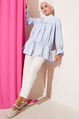 Tünelli Büzgülü Kimono Mavi - Thumbnail