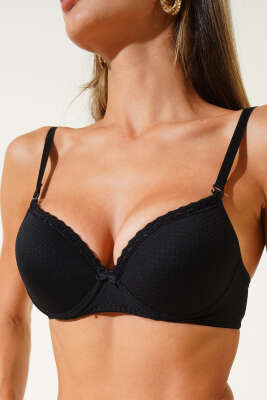 Pazarium - Jakarlı Dantel Detaylı Desteksiz Sütyen Siyah