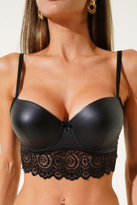 Dantelli Deri Sütyen Siyah - Thumbnail