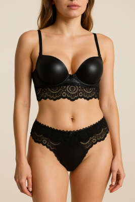 Pazarium - Dantelli Deri Sütyen Takım Siyah