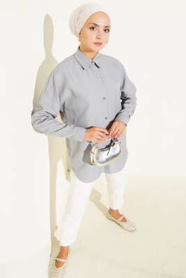 Basic Bilek Düğmeli Gömlek Gri - Thumbnail