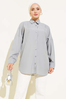 Basic Bilek Düğmeli Gömlek Gri - Thumbnail