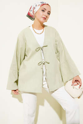 Önü Bağcıklı Geniş Kol Kimono Çağla Yeşili - Thumbnail