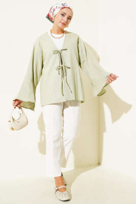Önü Bağcıklı Geniş Kol Kimono Çağla Yeşili - Thumbnail