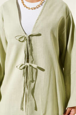 Önü Bağcıklı Geniş Kol Kimono Çağla Yeşili - Thumbnail