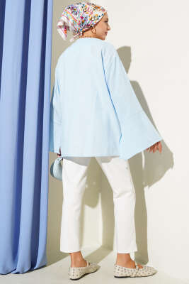 Önü Bağcıklı Geniş Kol Kimono Gök Mavisi - Thumbnail