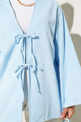 Önü Bağcıklı Geniş Kol Kimono Gök Mavisi - Thumbnail