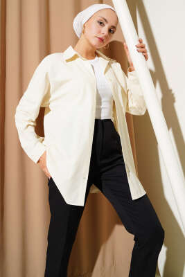 Basic Bilek Düğmeli Gömlek Ekru - Thumbnail