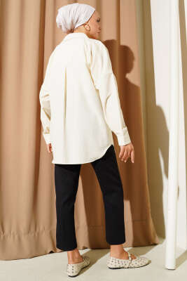Basic Bilek Düğmeli Gömlek Ekru - Thumbnail