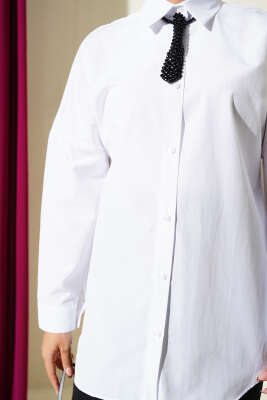 Basic Bilek Düğmeli Gömlek Beyaz - Thumbnail