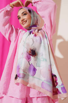 Pazarium - Çiçek Desenli Bambu Şal Bej Yeşil