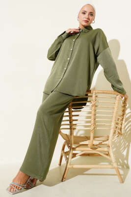 Pazarium - Taş Düğme Detaylı İkili Takım Haki