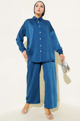 Pazarium - Taş Düğme Detaylı İkili Takım Indıgo