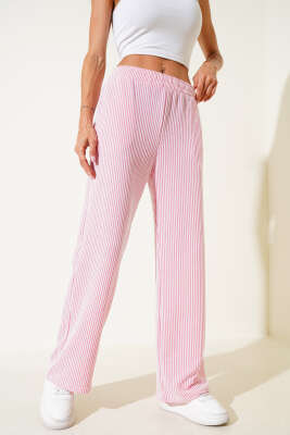 Pazarium - Su Yolu Beli Lastikli Pantolon Pembe