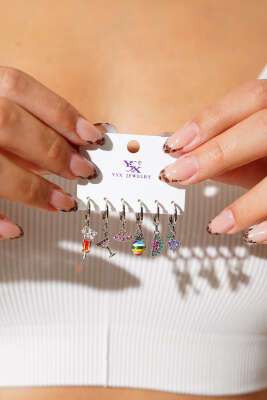 Pazarium - 6'lı Rengarenk Figürlü Küpe Gümüş