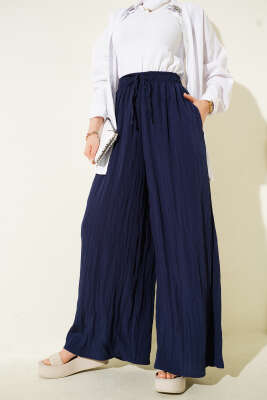 Yandan Cepli Salaş Kırışık Pantolon Lacivert - Thumbnail