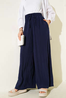 Yandan Cepli Salaş Kırışık Pantolon Lacivert - Thumbnail