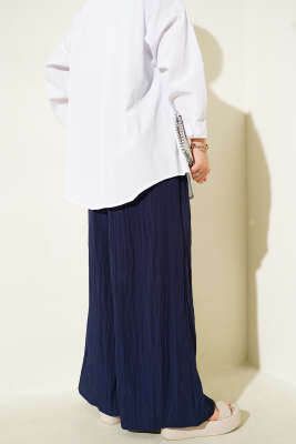 Yandan Cepli Salaş Kırışık Pantolon Lacivert - Thumbnail