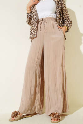 Pazarium - Yandan Cepli Salaş Kırışık Pantolon Latte