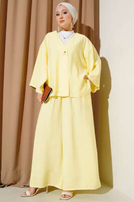 Pazarium - Tek Düğmeli Salaş İkili Takım Sarı