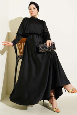 Pazarium - Boleronlu Saten Abiye Elbise Siyah