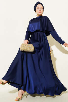 Pazarium - Boleronlu Saten Abiye Elbise Lacivert