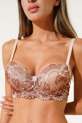 Pazarium - Güpürlü Desteksiz Sütyen Kahve Ten