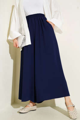 Beli Lastik Detaylı Salaş Pantolon Lacivert - Thumbnail