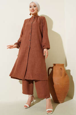 Pazarium - Hakim Yaka Uzun Tunik İkili Takım Kahve