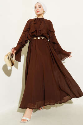 Önü Fırfır Detaylı Etekli İkili Takım Kahve - Thumbnail