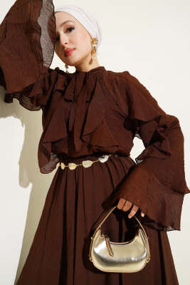 Önü Fırfır Detaylı Etekli İkili Takım Kahve - Thumbnail