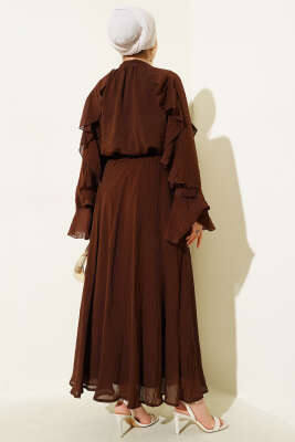 Önü Fırfır Detaylı Etekli İkili Takım Kahve - Thumbnail