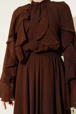 Önü Fırfır Detaylı Etekli İkili Takım Kahve - Thumbnail