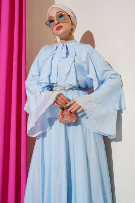 Önü Fırfır Detaylı Etekli İkili Takım Mavi - Thumbnail